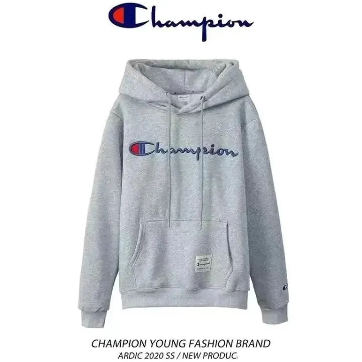 Grey hoodie with an embroidered script logo on the chest, laid flat