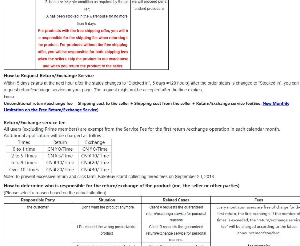 Table from the Kakobuy 5-day return and exchange guarantee listing unavailable items such as custom-made goods, removed tags, second-hand goods, undergarments and food
