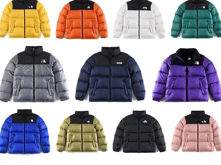Grid of puffer jackets in yellow, orange, grey, navy, purple, green and pink