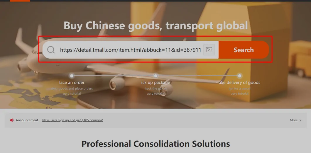 Kakobuy home page with a Tmall product link pasted into the search bar and the bar outlined in red