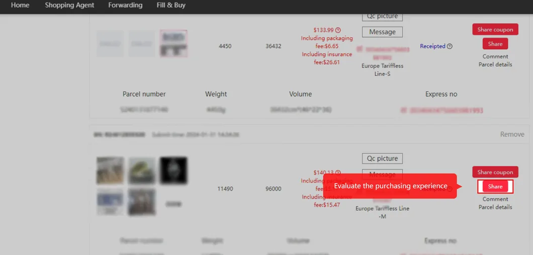 Kakobuy parcel list with weights, shipping lines, and buttons for QC picture, message, share coupon, share and confirm receipt