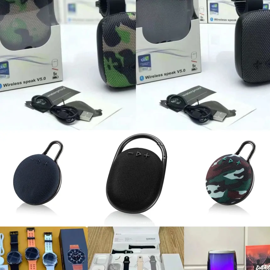 Collage of a waterproof Bluetooth speaker in camouflage and black, shown from several angles with its box
