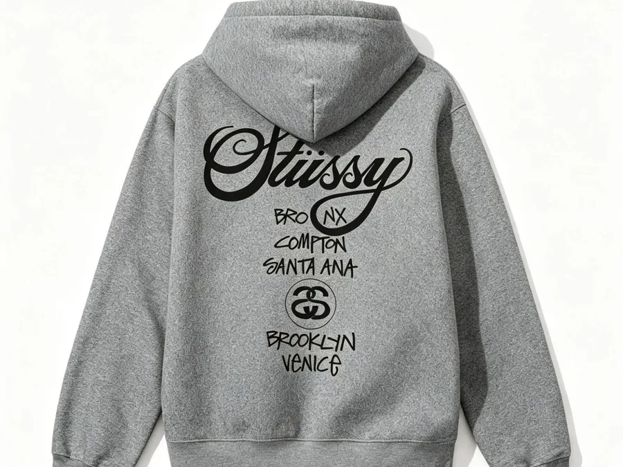 Grey hoodie with a large black script graphic and city names printed on the front