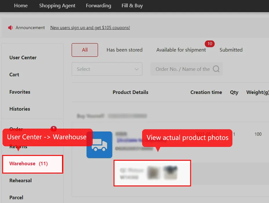 Kakobuy user centre warehouse page with the QC Picture thumbnails of a stored item outlined, and a callout saying view actual product photos