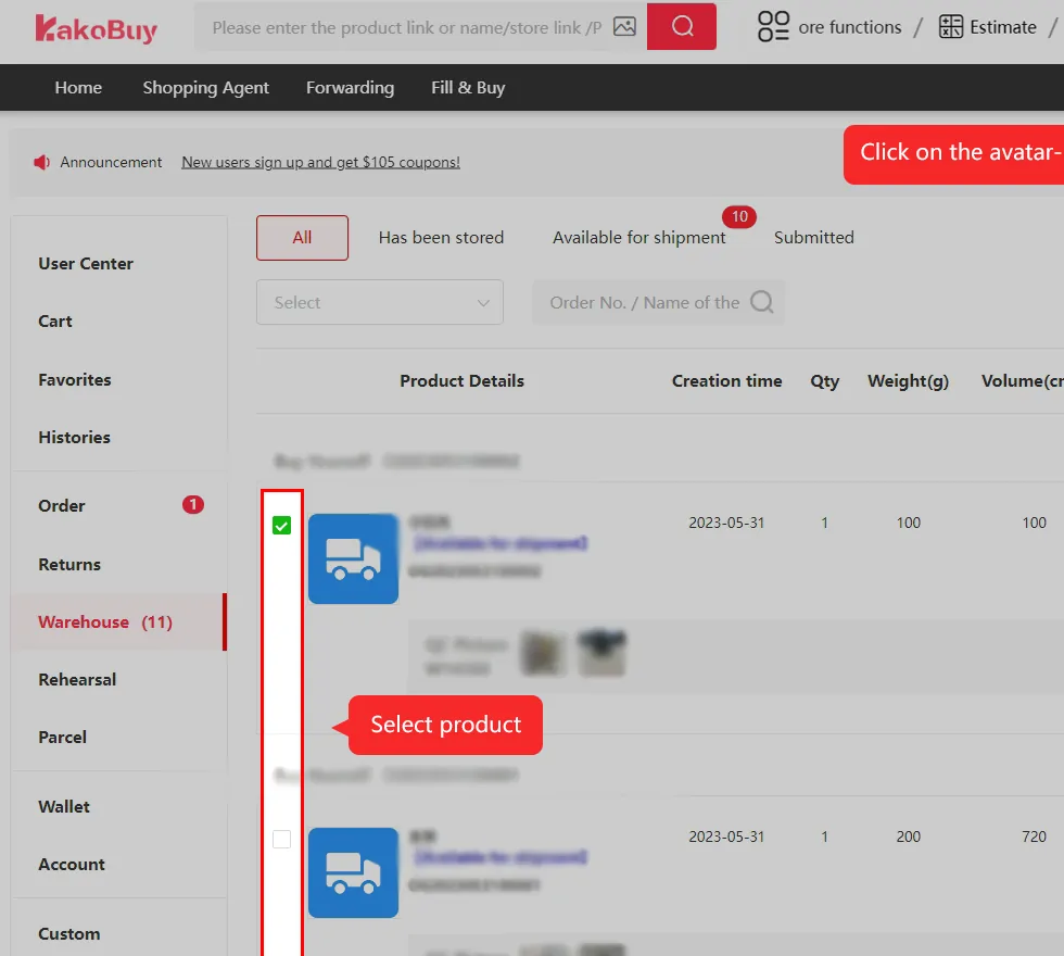 Kakobuy warehouse list with product rows, weights, volumes, QC picture thumbnails, an extra photo link and Rehearsal Packing and Submit buttons