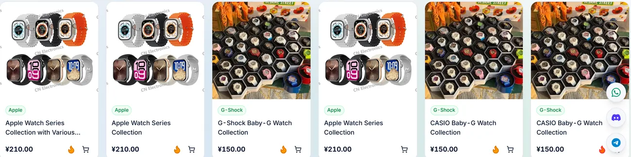Row of six watch product cards where one smartwatch photo appears three times and one Baby-G photo appears three times, with different titles