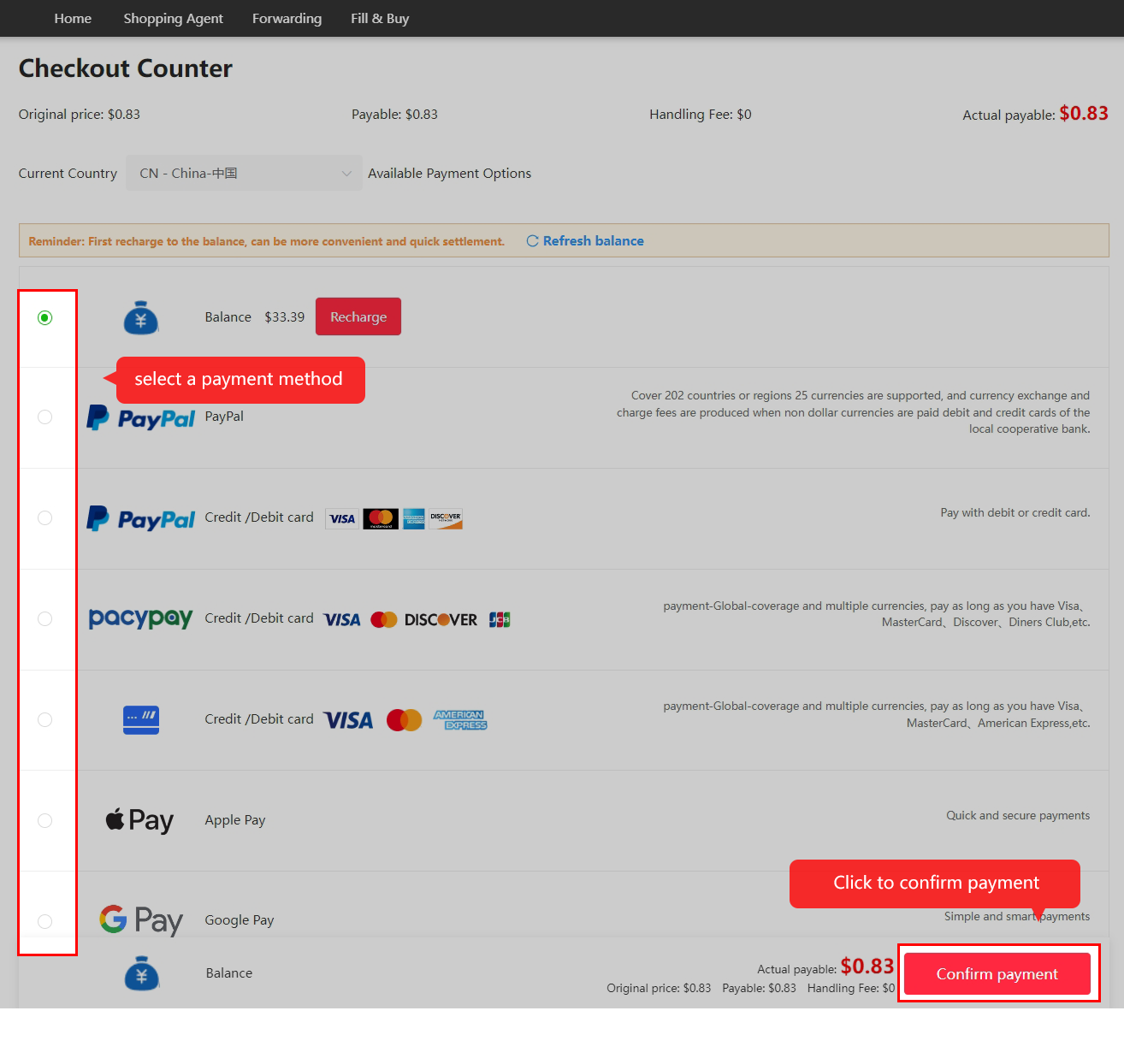 Review the first checkout and payment method.