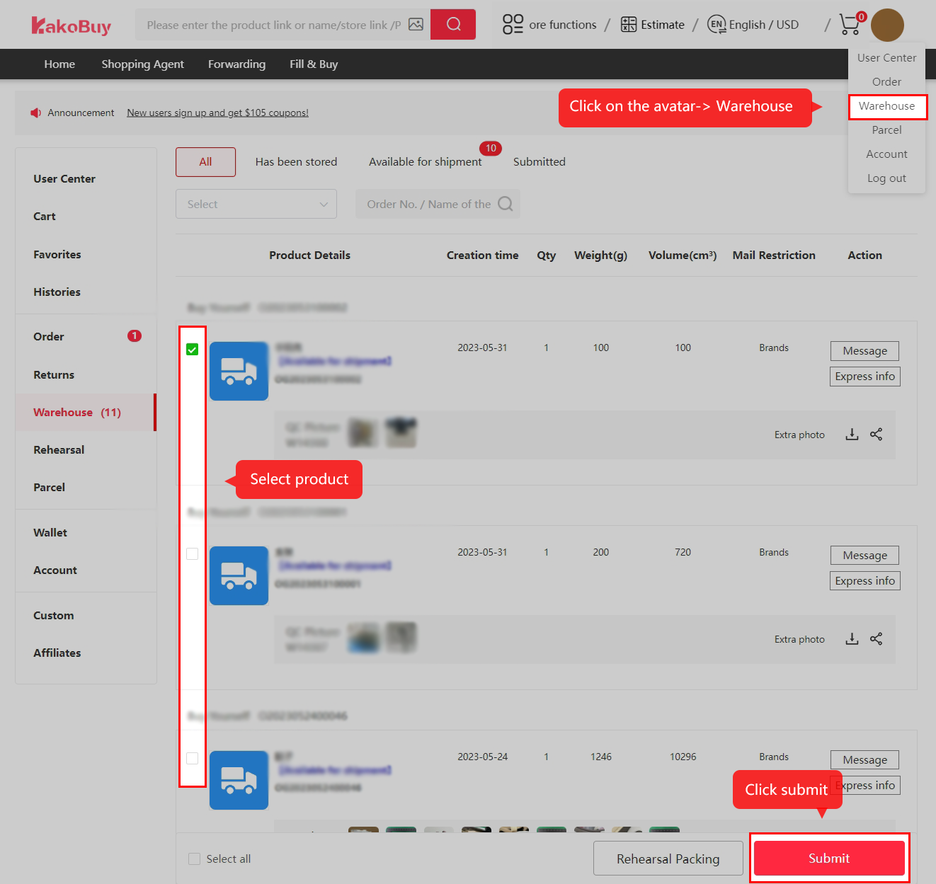 Select stored items for the overseas parcel.
