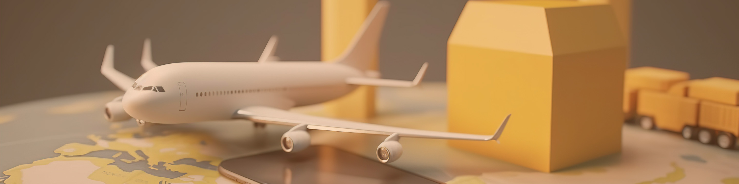 Kakobuy shipment illustration with an aircraft, yellow parcels and a truck