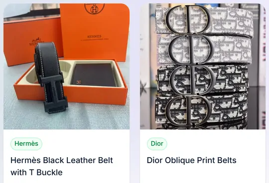 Two product cards from the belts page of the catalogue