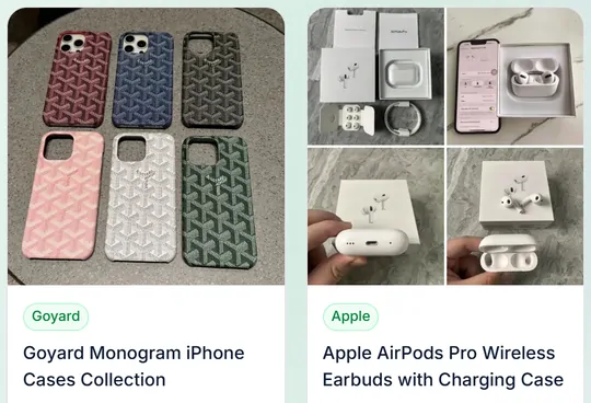 Two product cards from the earbuds and gadgets page of the catalogue