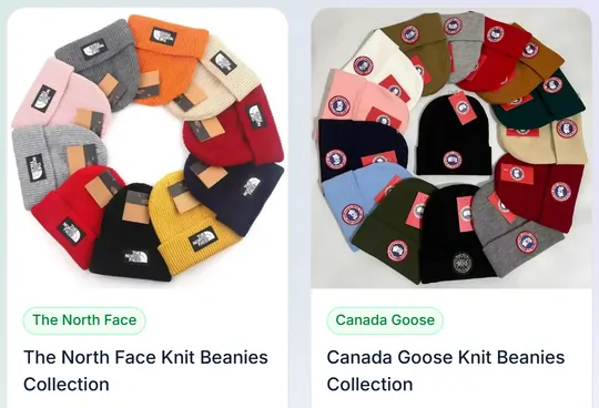 Two product cards from the caps and beanies page of the catalogue