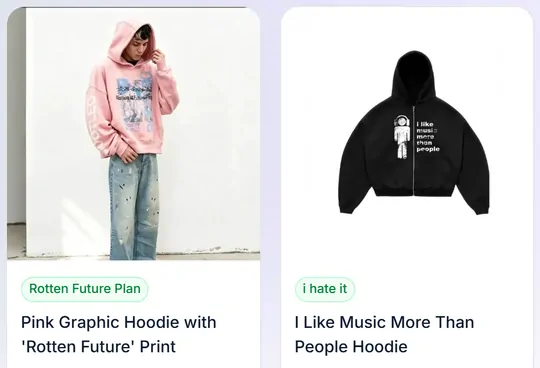 Two product cards from the hoodies and zips page of the catalogue