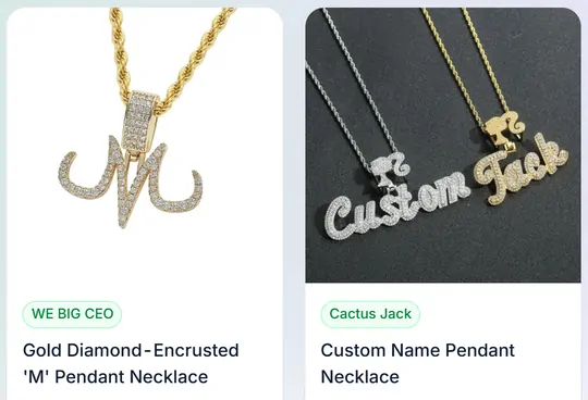 Two product cards from the necklaces and bracelets page of the catalogue