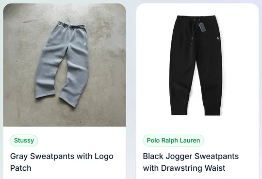 Two product cards from the joggers and sweats page of the catalogue