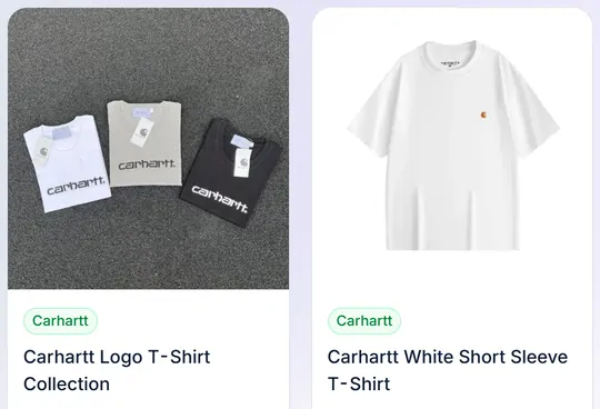 Two product cards from the tees page of the catalogue